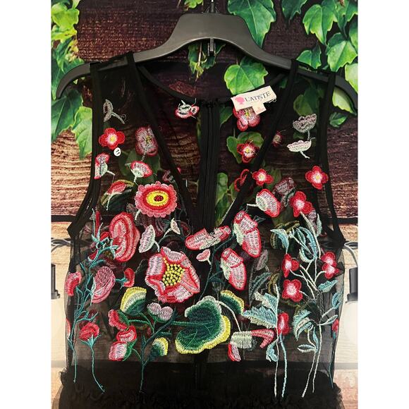 L'Atiste by Amy Floral Embroidered Mesh Midi Dress Gown Homecoming Prom Black S - Picture 5 of 8